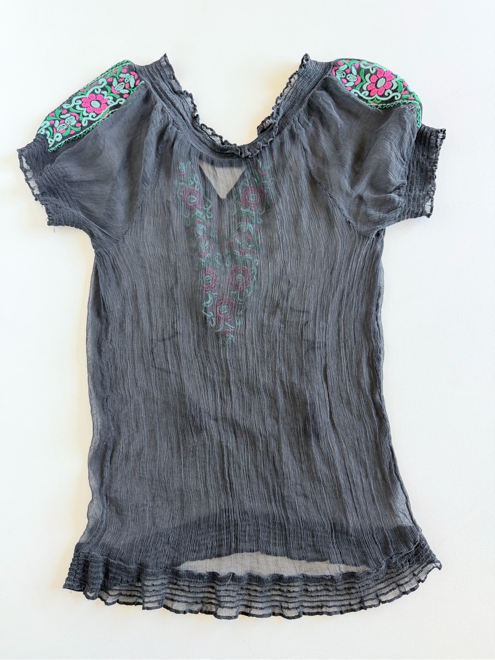 Black Silk Embroidered Sheer Boho Peasant Tunic Blouse Pink Floral No Size - Picture 4 of 8